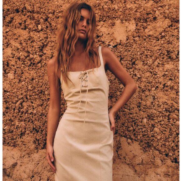 Zara Midi Dress with lace-up drawstring - S - Sand - Picture 2 of 11